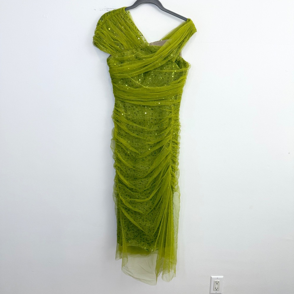 Theia Off Shoulder Ruched Sequin Tulle Midi Dress Green Estimated Size Small